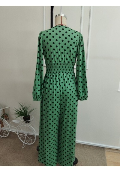 Bhrwear Kadın Uzun Kollu Kruvaze Yakalı Belden Büzgülü Uzun Desenli Süprem Tulum Renkli