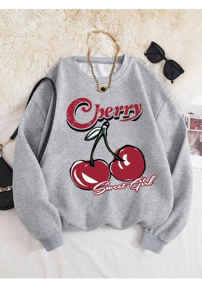 Uyguntarz Unisex Sweet Girl Cherry Baskılı Oversize Sweatshirt Gri