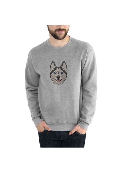 Dog Head Köpek Baskılı Gri Erkek Örme Sweatshirt (534642675)