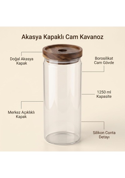 Tr Akasya Kapaklı Yuvarlak Borosilikat Cam Kavanoz 1250 Ml, 9 25 Cm, Orta Delikli Ahşap Kapak, Şeffaf Makarna Bakl Diğer