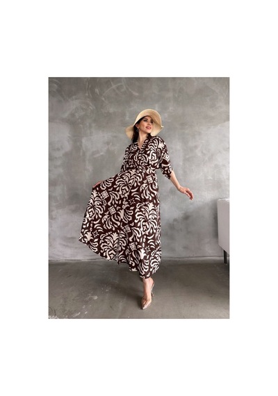 Asur Boutique Asur Butik Kadın Kruvaze Yaka Lastikli Bel Desenli Elbise Kahverengi