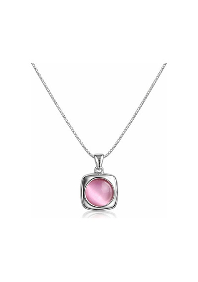 Pembe Kedi Gözü Taşlı Kare Form Gümüş Renk Kolye Çok Renkli