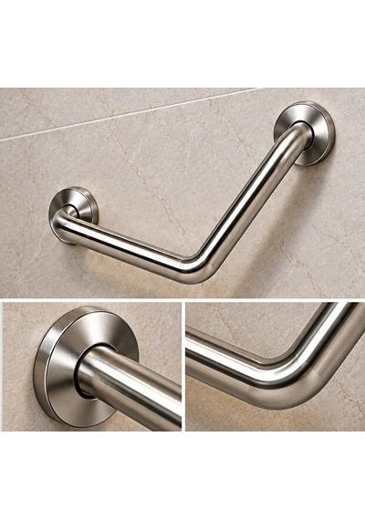 Yaşlı Ve Bedensel Engelli Açılı Tutunma Barı Paslanmaz Çelik 32 Mm Çap Gümüş