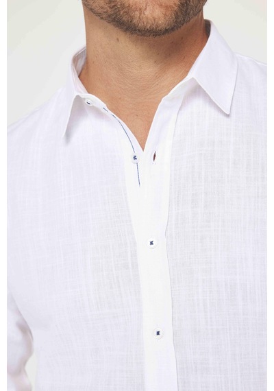 Tudors Erkek Slim Fit Dar Kesim Uzun Kollu %100 Pamuk Keten Doku Apoletli Beyaz Gömlek-26931 Beyaz