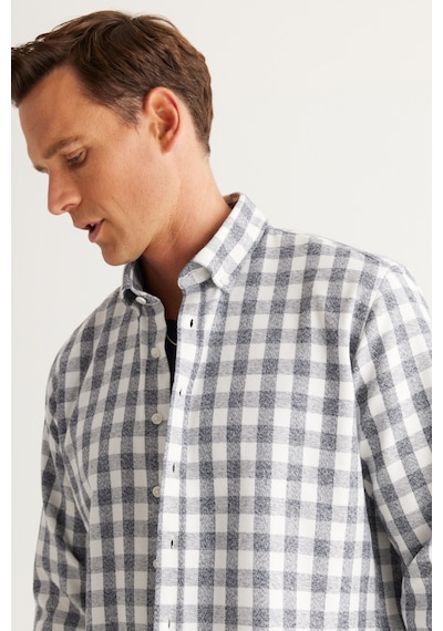 AC&Co / Altınyıldız Classics Erkek Ekru Lacı Comfort Fit Rahat Kesim Düğmeli Yaka Flanel Oduncu Gömlek Ekru - Lacivert AC&Co / Altınyıldız Classics Erkek Ekru Lacı Comfort Fit Rahat Kesim Düğmeli Yaka Flanel Oduncu Gömlek Ekru - Lacivert