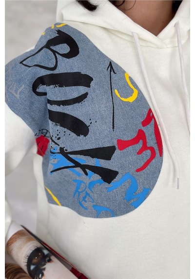 Femelle Kadın Beyaz Kot Detaylı İçi Pamuklu Kapüşonlu Sweatshirt