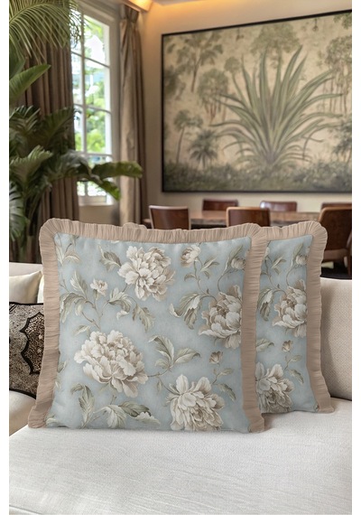 Çiçek Vintage Şakayık Saçaklı Yastık Kılıfı - Romantik Floral Vizon Krem Püsküllü Kırlent Kılıfı Haki