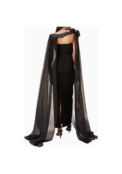 Ac By Aanchal Chanda Embellished Cape Saten - Şifon Işlemeli Pelerin Kollu Kadın Elbise Siyah