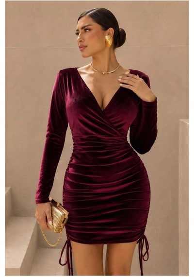 DefyModa Kadın Sade Kadife Kumaş Kruvaze Yaka Drapeli Mini Abiye Elbise Bordo