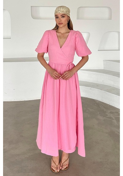 Olcay V Yaka Belden Bağlamalı Müslin Elbise Pembe 9354-e