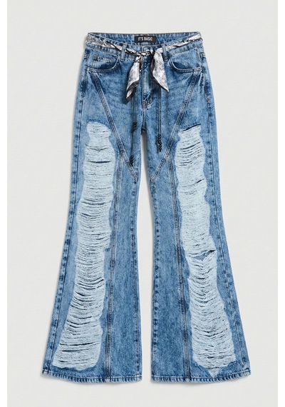 it's basic Kadın Mavi Flare Fit Altı Beslemeli Yırtık Ve Fular Detaylı Tasarım Denim Jean