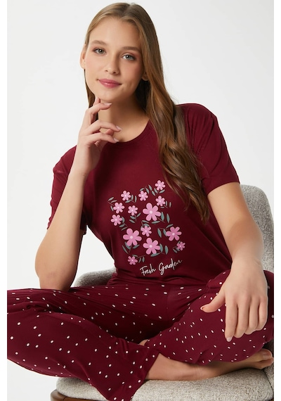 Ritnice Kadın Garden Yumuşak Doku Bordo Çiçek Desen Bisiklet Yaka Kısa Kollu Alt Üst Pijama Takımı