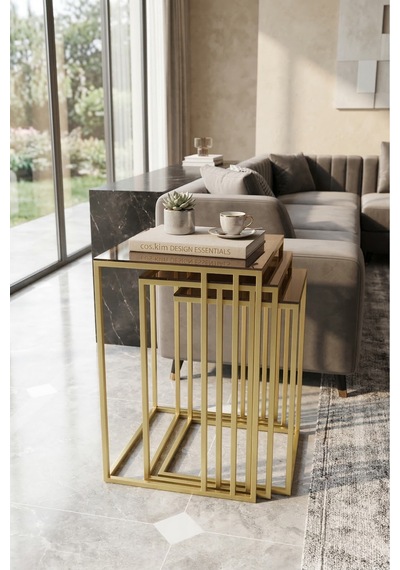 Mira 3lü Zigon Sehpa Gold Eskitme Bronz Cam C Sehpa - Yan Sehpa Altın - Bronz