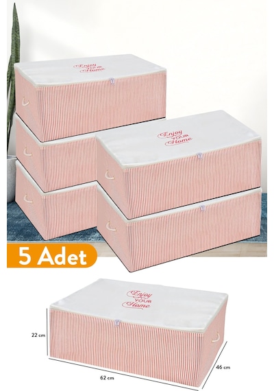 Serstil 5 Adet - Büyük Boy Baza Altı Pembe Çizgili Hurç 62 X 46 X 22 Cm