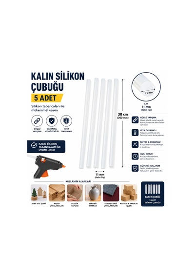 30 Cm 11 Mm Kalın Silikon Çubuğu 5'li Paket Şeffaf Sıcak Silikon Yapıştırıcı Çubuk Silikon Tabancası Uyumlu Güçlü Yapışma Hobi El Sanatları Ahşap Plastik Karton Kumaş İçin