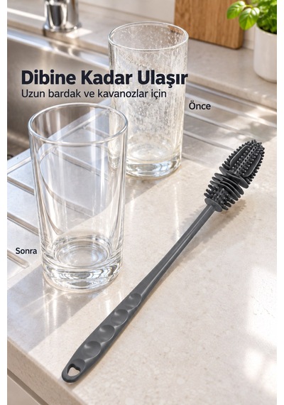Uzun Saplı Silikon Bardak Ve Kavanoz Yıkama Fırçası 28 Cm Biberon Termos
