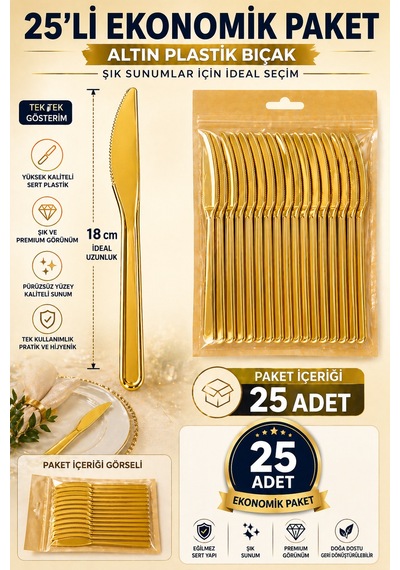 25 Li Altın Plastik Bıçak 18 Cm Sert Tek Kullanımlık