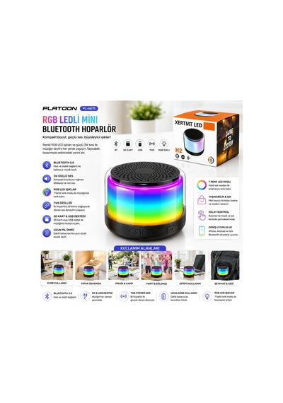 Platoon Pl-4675 Bluetooth Wireless Speaker Hoparlör 3w Usb Şarjlı Rgb Işıklı Bt Sd