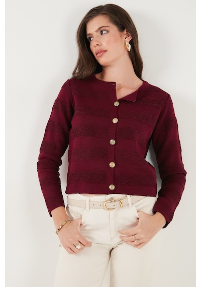 Lela Premium Regular Fit Bisiklet Yaka Düğmeli Dokulu Triko Bayan Hırka 680Hi00337 Bordo
