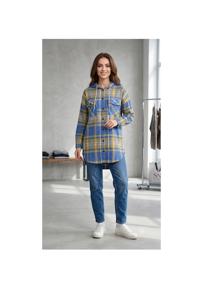 Polologin Butik Kadın Mavi Sarı Ekose Kapüşonlu Gömlek Ceket - Oversize Kalıp, Çift Cepli, Mevsimlik Ceket Diğer