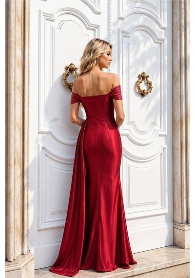 Lior Design Kadın İnce İşçilik Saten Kumaş Carmen Yaka Maxi Abiye Elbise Kırmızı