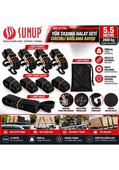Sn-37791 5,5 Metre Yük Taşıma Halat Seti Cırcırlı Bağlama Kayışı Spanzet 2000kg