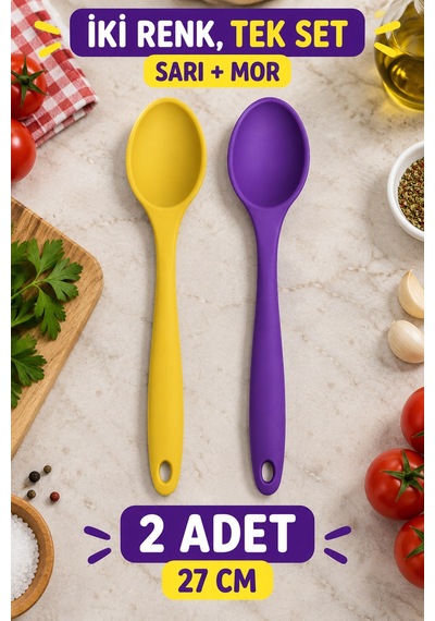 2'li Set Sarı Mor Büyük Boy Silikon Kaşık 27 Cm Mutfak Yemek Pişirme Ve Servis Kaşığı İki Renkli Set