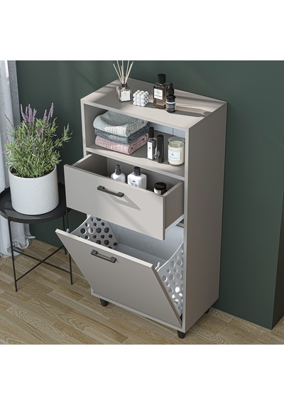 Çamaşır Sepetli Banyo Dolabı, Çok Amaçlı Çekmeceli Dolap 60 Cm Kumtaşı