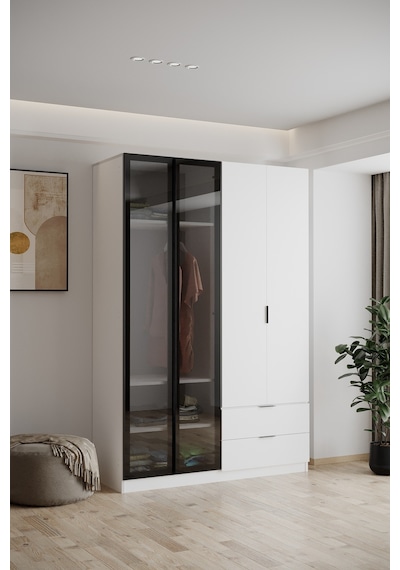 Evdemo Safir Cam Kapaklı 4 Kapılı 2 Çekmeceli Gardırop 210 Cm Beyaz