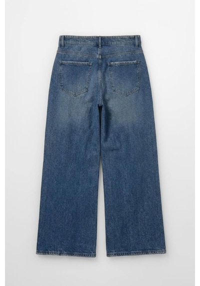 Kadın Yüksek Bel Geniş Paça Likralı Jean Pantolon Mavi