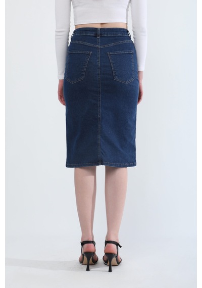 Banny Jeans Önden Yırtmaçlı Likralı Midi Jean Etek Koyu Mavi