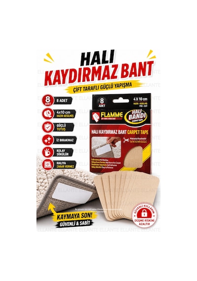 Halı Kaydırmaz Bant 8 Adet 4x10 Cm Çift Taraflı Güçlü Yapışkan Hazır Kesilmiş İz Bırakmayan Halı Sab
