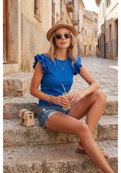 Lela Pamuklu Kolları Fırfırlı Slim Fit Bisiklet Yaka Bayan T Shirt 5864500 Saks
