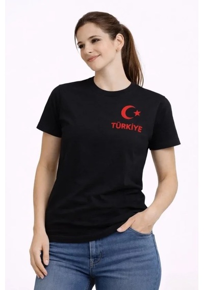 İkales Türkiye Ay Yıldız Baskılı Taraftar Forma T-shirt - Siyah