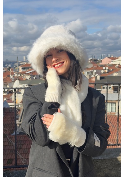 Mollycrush Suni Kürk Bucket Kalpak Atkı Eldiven 3'lü Set Kadın Kışlık Peluş Beyaz 3'lü Takım Beyaz