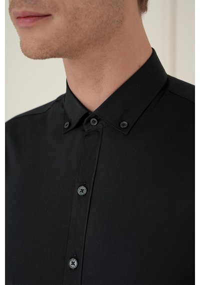 Efor Slim Fit Düğmeli Yaka Esnek Klasik Siyah Gömlek Gk 746 Siyah