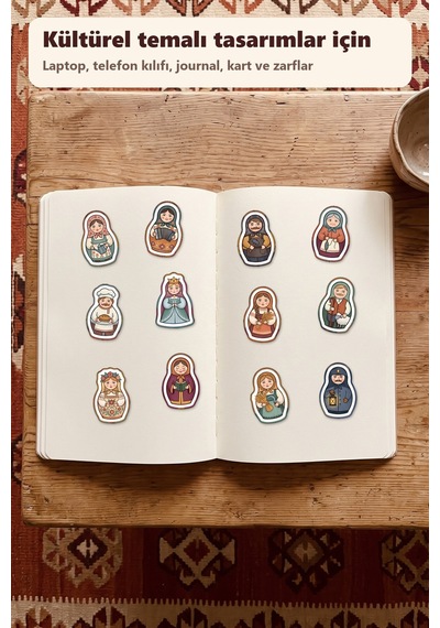 30 Adet Folklorik Matruşka Bebek Sticker Seti - Laptop, Defter, Ajanda Çok Renkli