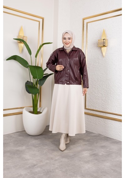 Hb Harma Time Butik Kadın Bordo Deri Astarlı Fermuarlı Ceket