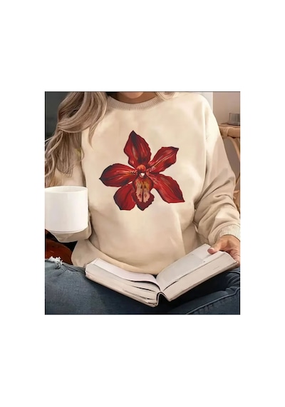 Herkesemoda Kırmızı Orkide Baskı Detaylı Bisiklet Yaka Sweatshirt Bej