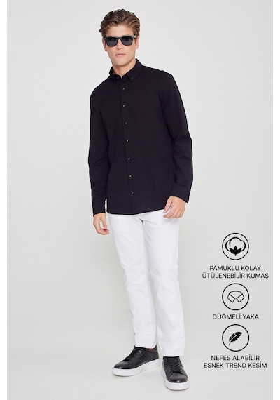 AC&Co / Altınyıldız Classics Erkek Sıyah Pamuklu Tailored Slim Fit Dar Kesim Düğmeli Yaka Örme Gömlek Siyah