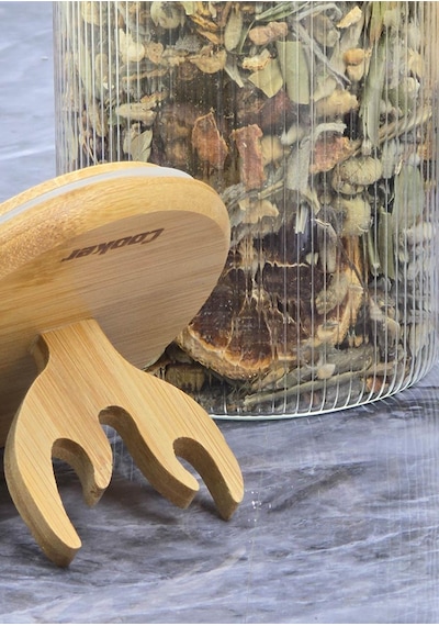 Boynuz Desenli Cam Kavanoz - Bambu Kapaklı Borosilikat Cam Kavanoz - 33 Cm - Yuvarlak