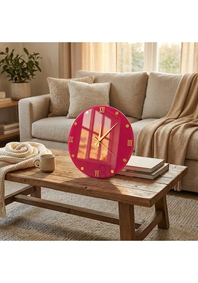 Dekoratif Epoksi Duvar Saati 40 Cm, Fuşya Pembe Modern Tasarım, Altın Detaylı, Sessiz Mekanizma, Yeni Ev Hediyesi Pembe