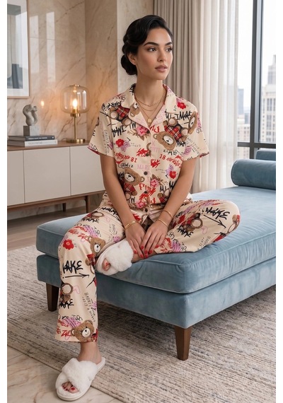 Northcity Ekru Ayıcık Desenli Kısa Kollu Gömlek Yaka Milan Kumaş Kadın Pijama Takımı