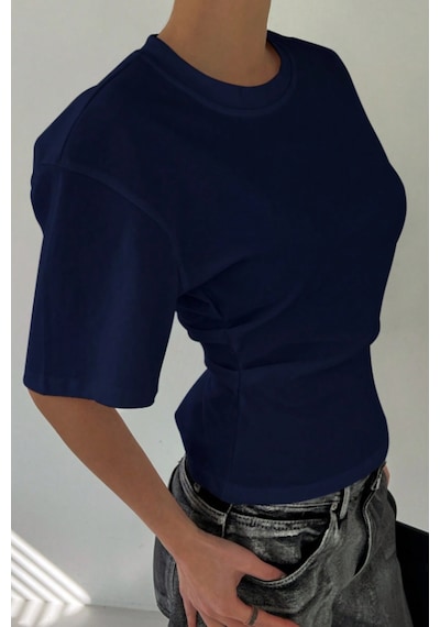Kadın Lacivert Kısa Kollu Sırt Dekolteli Slim Fit Bluz/t-shirt Lacivert
