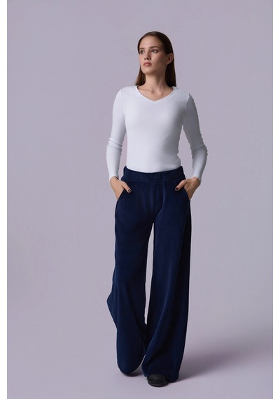 Defys Kadın Bol Paça Cepli Kadife Oversize Fit Pantolon Lacivert - 595424688 Lacivert