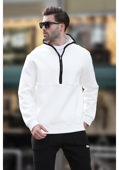 Madmext Ekru Dik Yaka Yarım Fermuarlı Sweatshirt 7079 Ekru