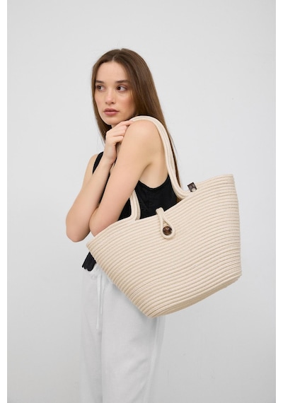 Shule Bags Vossa Handmade Düğmeli Hasır Omuz Çantası Krem Krem