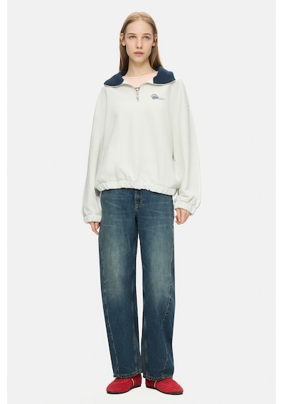 Ucla Yoko Kemik Rengi Fermuarlı Baskılı Oversize Fit Kadın Sweatshirt Kemik Rengi