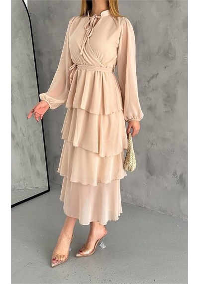 Dip Moda Kadın Astarlı Eteği Kat Kat Şifon Elbise Dpk2041 BEJ