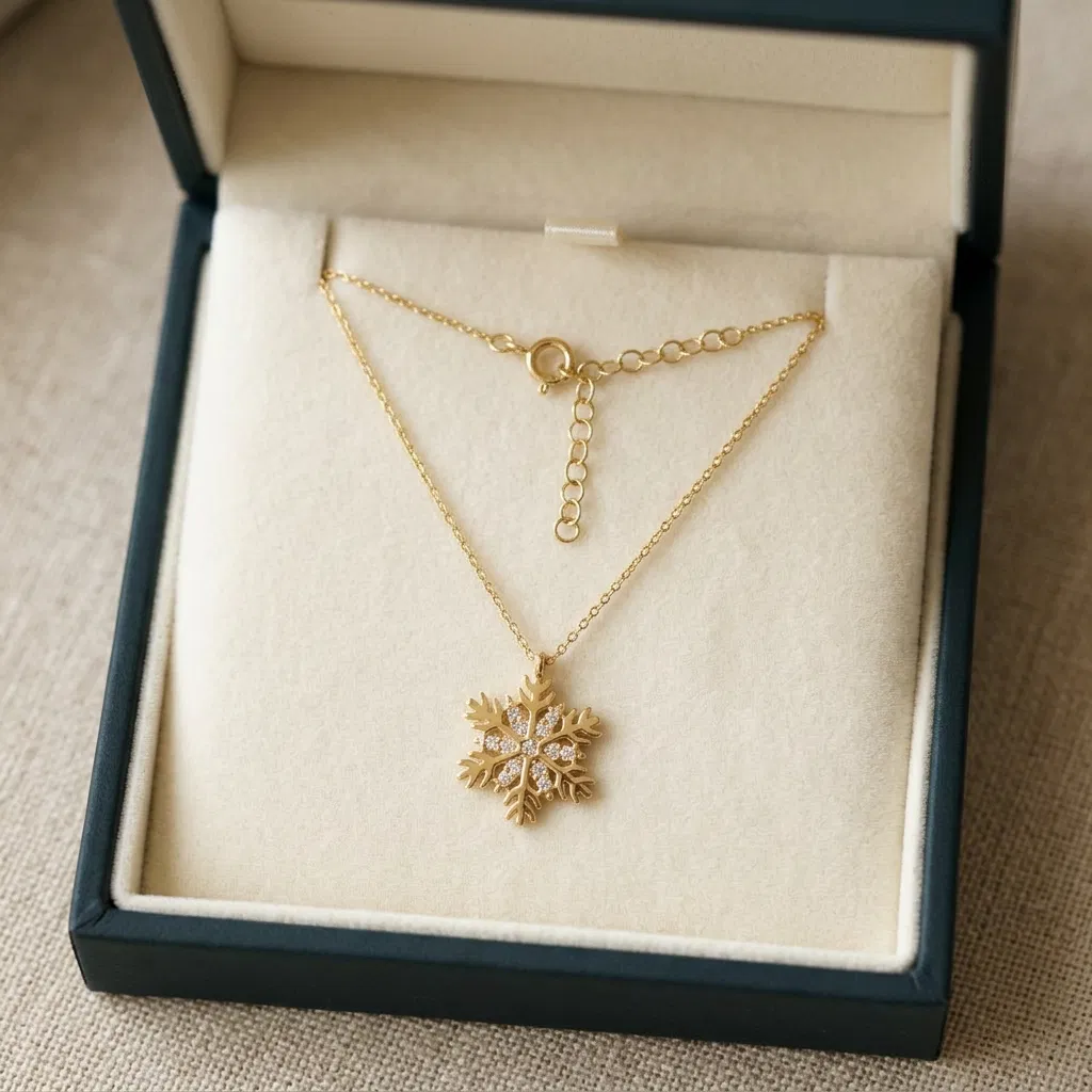 925 Ayar Gümüş Kar Tanesi Figürlü Zirkon Taşlı Gold Renk Kadın Kolye
